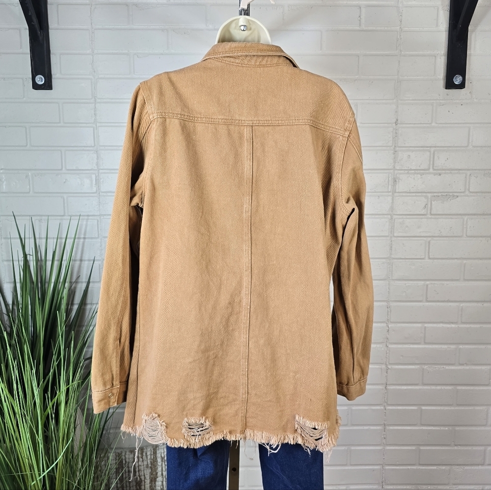 Unbranded Distressed Tan Button Up Denim Shirt Jacket Large - Picture 2 of 7